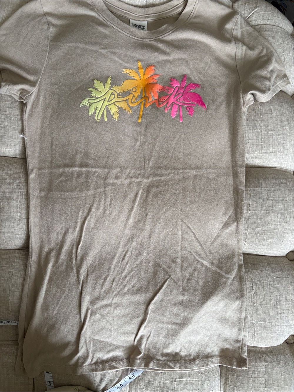 PINK Victoria's Secret Beige Tee with Neon Palm Trio